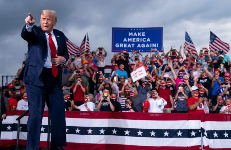 The President invoked Winston Churchill and Franklin D. Roosevelt at a rally, claiming that he had tried to calm public panic in a dark hour