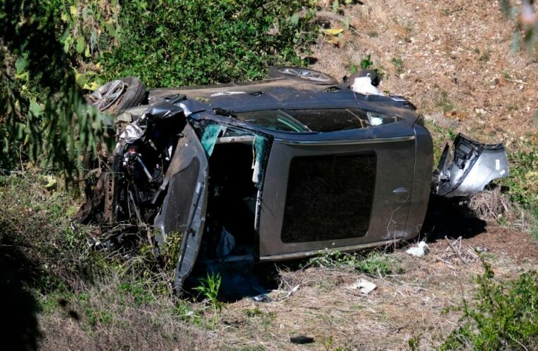 The SUV crossed a median, went across two lanes of road, hit a curb and a tree, and then landed on its side off the roadway