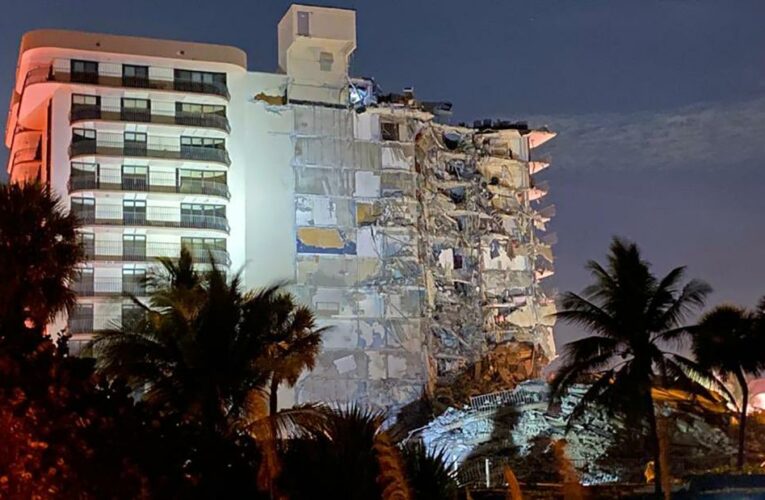 Rescue units at the scene of a partially collapsed building near Miami