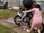 Australian burnout gender reveal fail as an expectant mother is almost run over by a motorbike