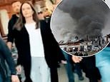 Moment Hollywood movie star Angelina Jolie runs for cover in Lviv as air raid warnings blare